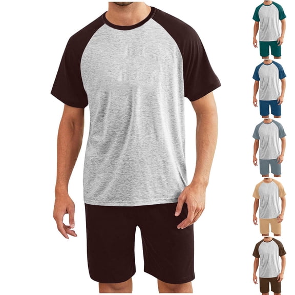 Men's Pajama Set Sleepwear Short Sleeve Shirt and Shorts Soft Comfy Lightweight Breathable Loungewear for Men Casual Sleep Sets Lounge Outfits | AESTIVO,Brown L