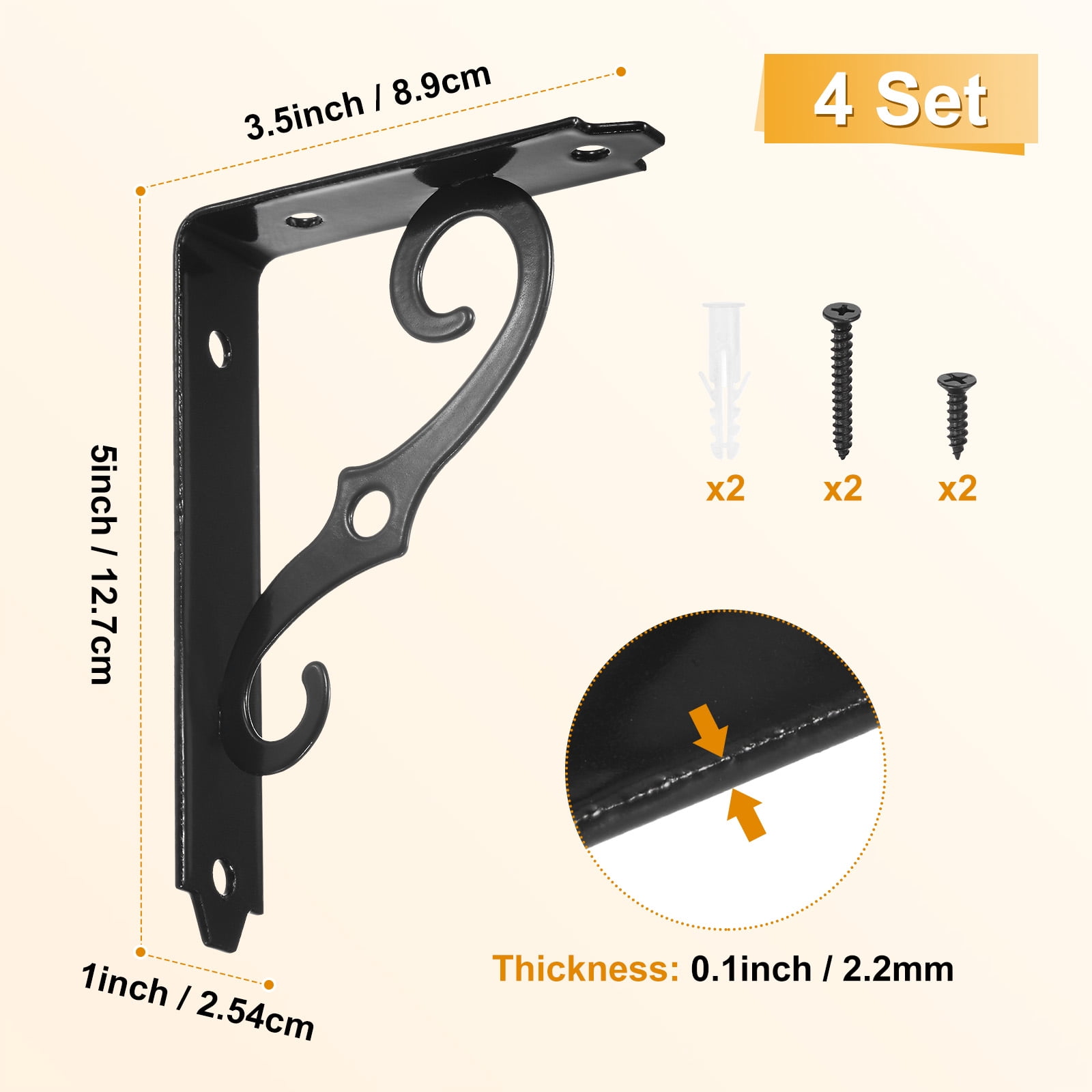 4-Pack Shelf Brackets, 5 Inch Long Iron Wall Mount Shelf Support Bracket for Home/Kitchen/DIY Decorative [Black]