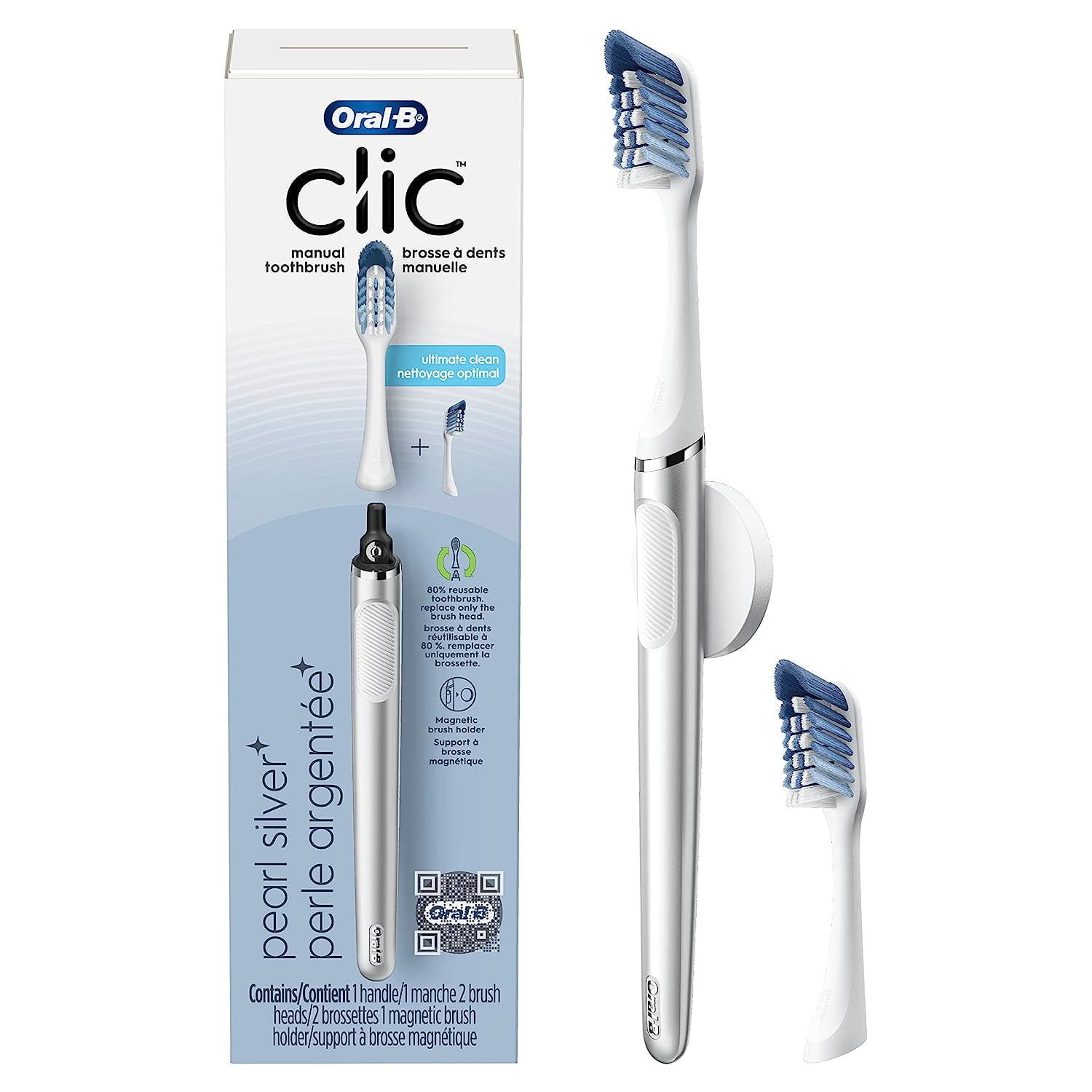 OralB Clic Toothbrush, Chrome White, with 1 Bonus Replacement Brush