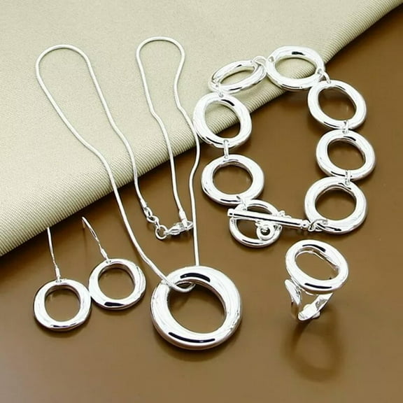 GKNET 4Pcs 925 Sterling Silver O Necklace Bracelet Earrings Ring Women Delicate Jewelry Set
