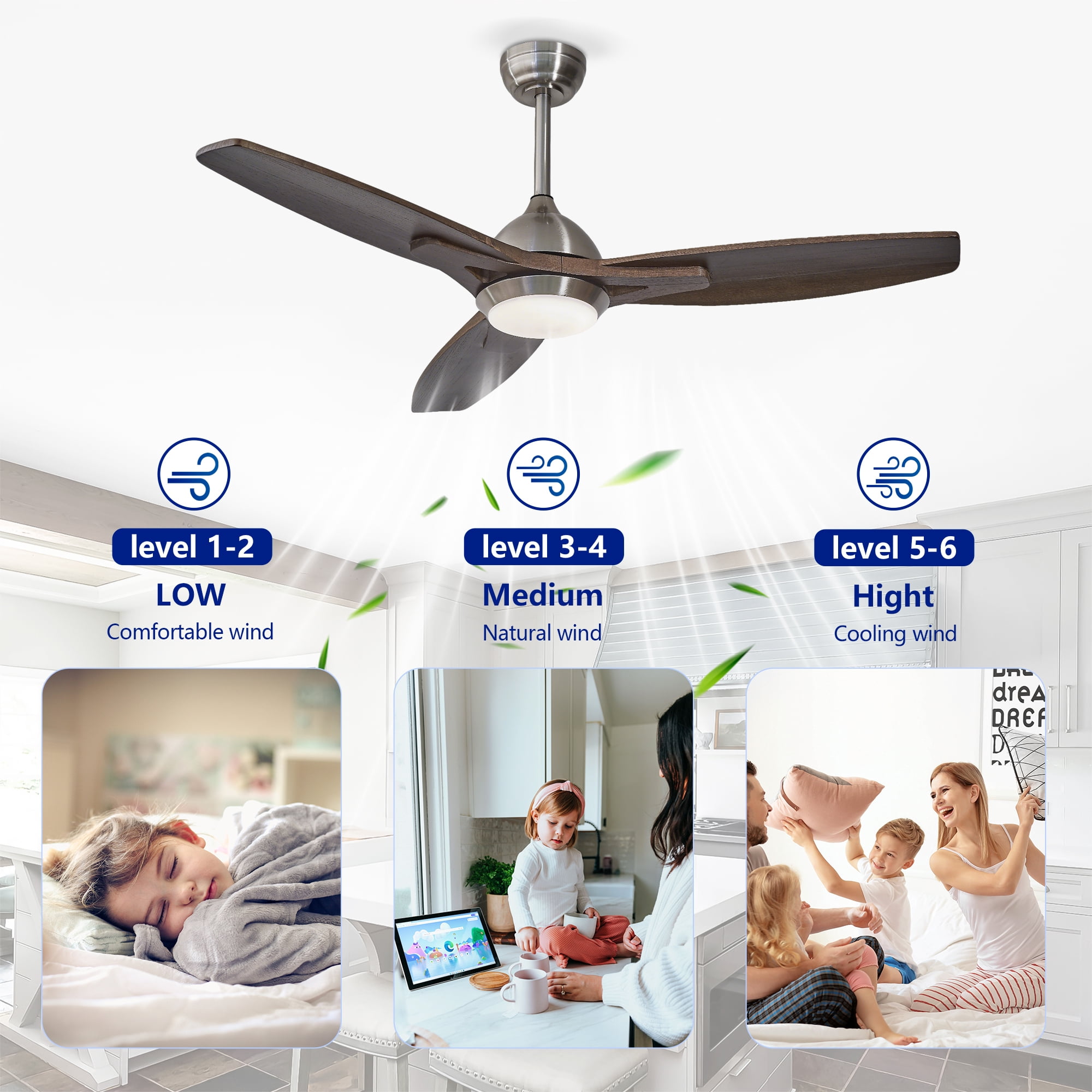 Leumius 52" Ceiling Fan with Lights Quiet DC Motor Ceiling Fans 6 Speed Levels,Reversible Ceiling Fan for Patio Living Room Bedroom Silver