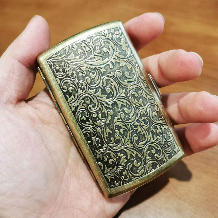 Cigarette Case Mini Tobacco Box Metal Retro 85mm 3.74 Inch King Size 12  Capacity Sturdy Double Sided Spring Clip Open Pocket Holder Vintage Golden