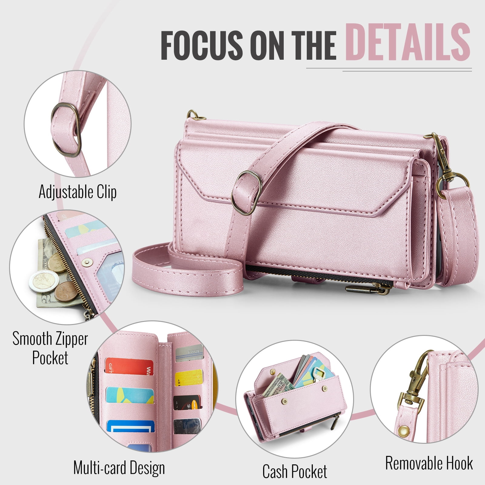 Compatible with Samsung Galaxy A13 5G Zipper Wallet Phone Case Tempered Glass Screen Protector Crossbody Lanyard Strap Flip Card Holder Slot Cell Cover for A04S M13 A13 2022 13A A135G Women Rose Gold