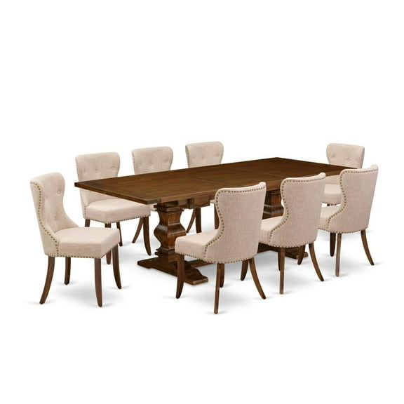 East West Furniture Lassale 9-piece Wood Dining Set in Walnut/Tan