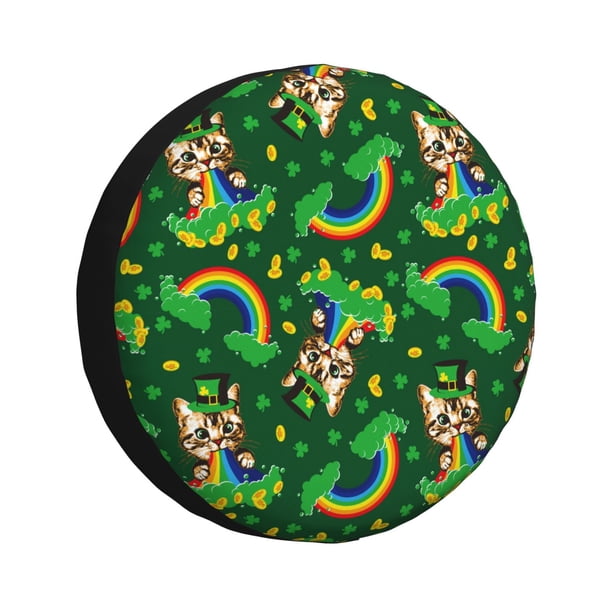 Fotbe Cat St Patrick's day Funda de Llanta de Repuesto con Estampado, Engrosada, Ajuste Universal para Jeep, Remolque, RV, SUV, Camión-16 inch
