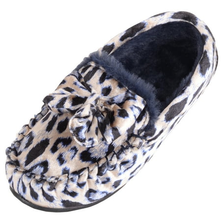 

Womens Slip On Animal Print Bow Design Moccasin Style Slippers - Navy - US 7
