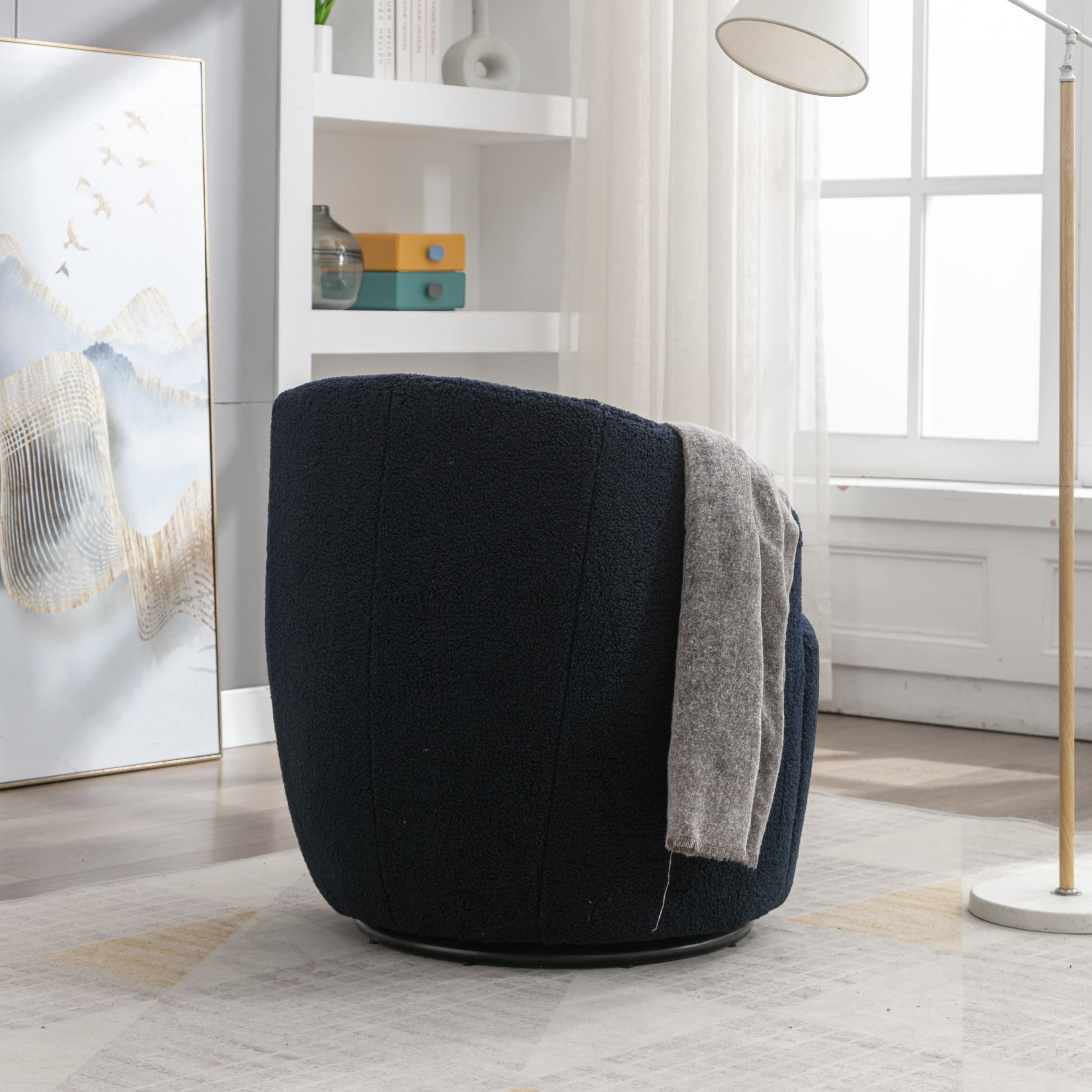 Noble House Arissa 26" Teddy Ergonomic Barrel Armchair, Swivel Reading Chair with Metal Base for Living Room, Dark Blue