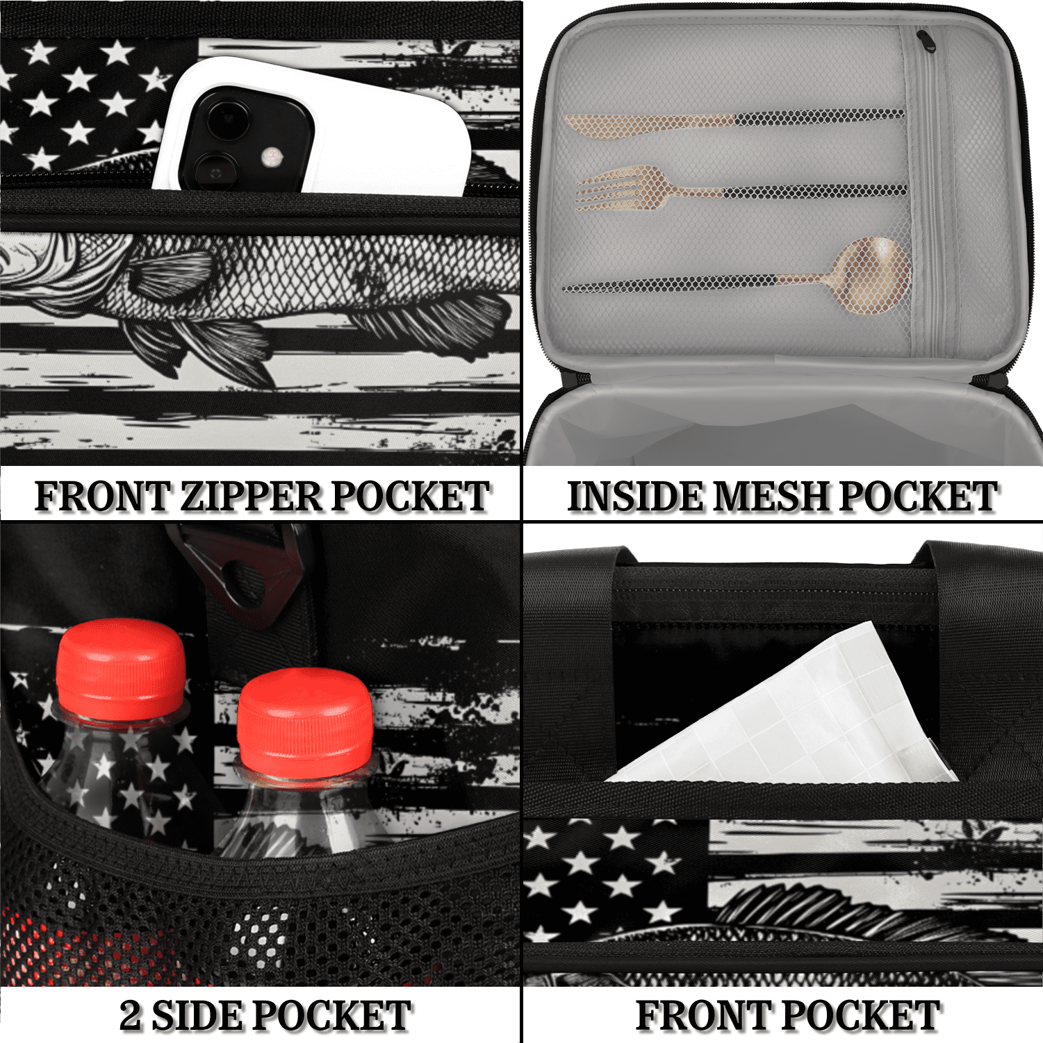 Herdesigns American Flag Large Insulated Lunch Box for Adults Women Men with Adjustable Shoulder Strap, Bass Fish Reusable Cooler Lunch Bag for Offices Picnic Hiking Beach