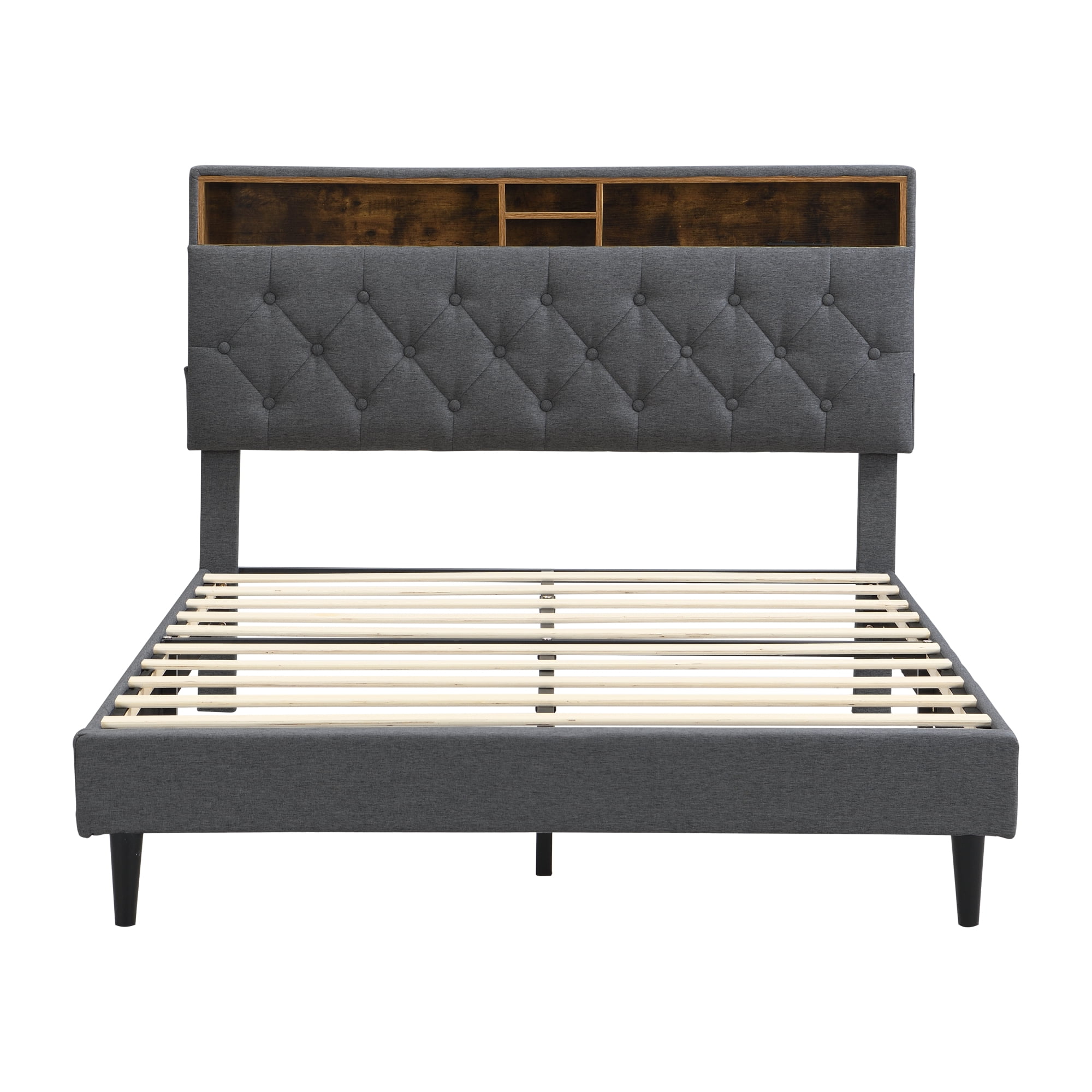 Leumius Queen Size Bed Frame with USB Ports, Modern Platform Bed with Tufted Upholstered Headboard & Storage Shelf, Queen