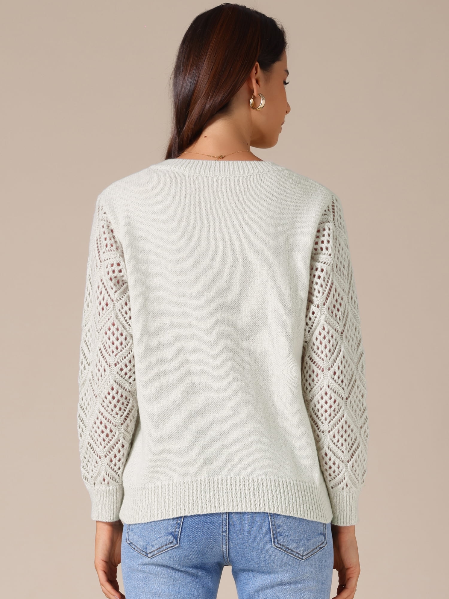 DARING DIVA Women's V Neck Hollow Out Long Sleeve Crochet Sweater Tops L Grey Beige