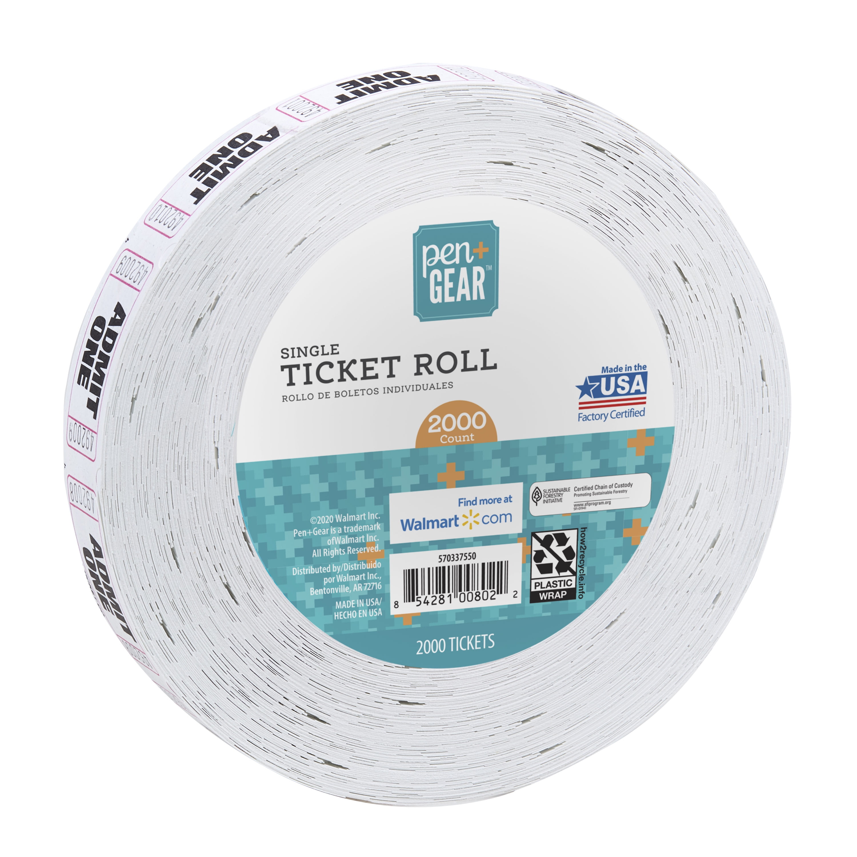 Pen + Gear Single Ticket Roll, White, Consecutively Numbered, 2000 Count
