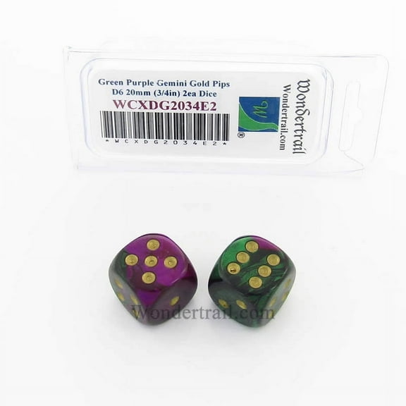 Green and Purple Gemini Dice with Gold Pips 20mm (3/4in) D6 Pack of 2 Wondertrail
