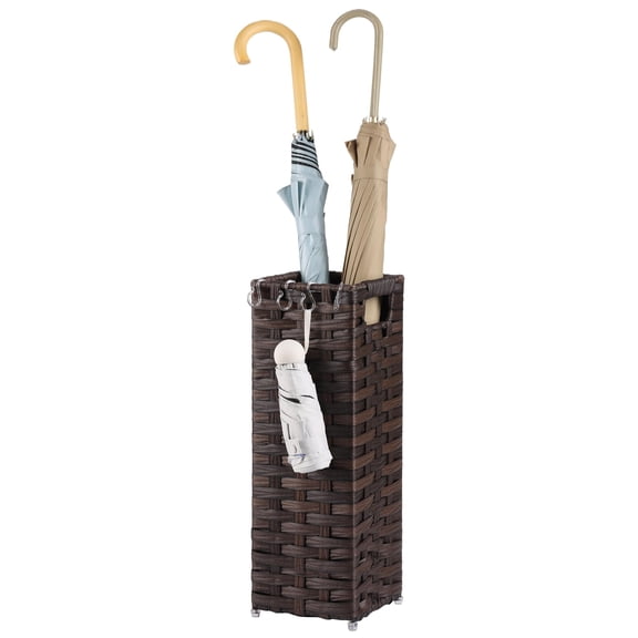 Rattan Umbrella Stand, Umbrella Holder for Entryway, Hand Woven Umbrella Rack Organizer Freestanding, with a Detachable Drip Tray, 4 Hooks, 6.5" L x 6.5" W x 16.5" H, Natural
