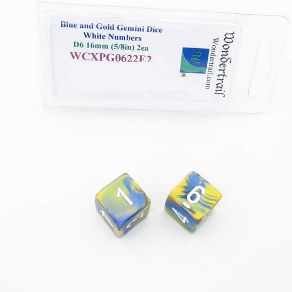 Blue and Gold Gemini Dice with White Numbers D6 Aprox 16mm (5/8in) Pack of 2 Wondertrail