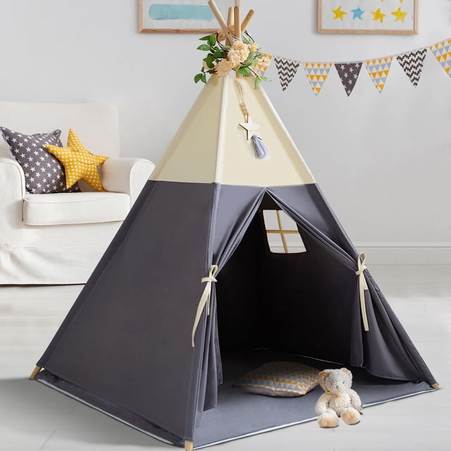 Tienda de campaña RONGFA para niños, 100% algodón, con tapete, beige y gris