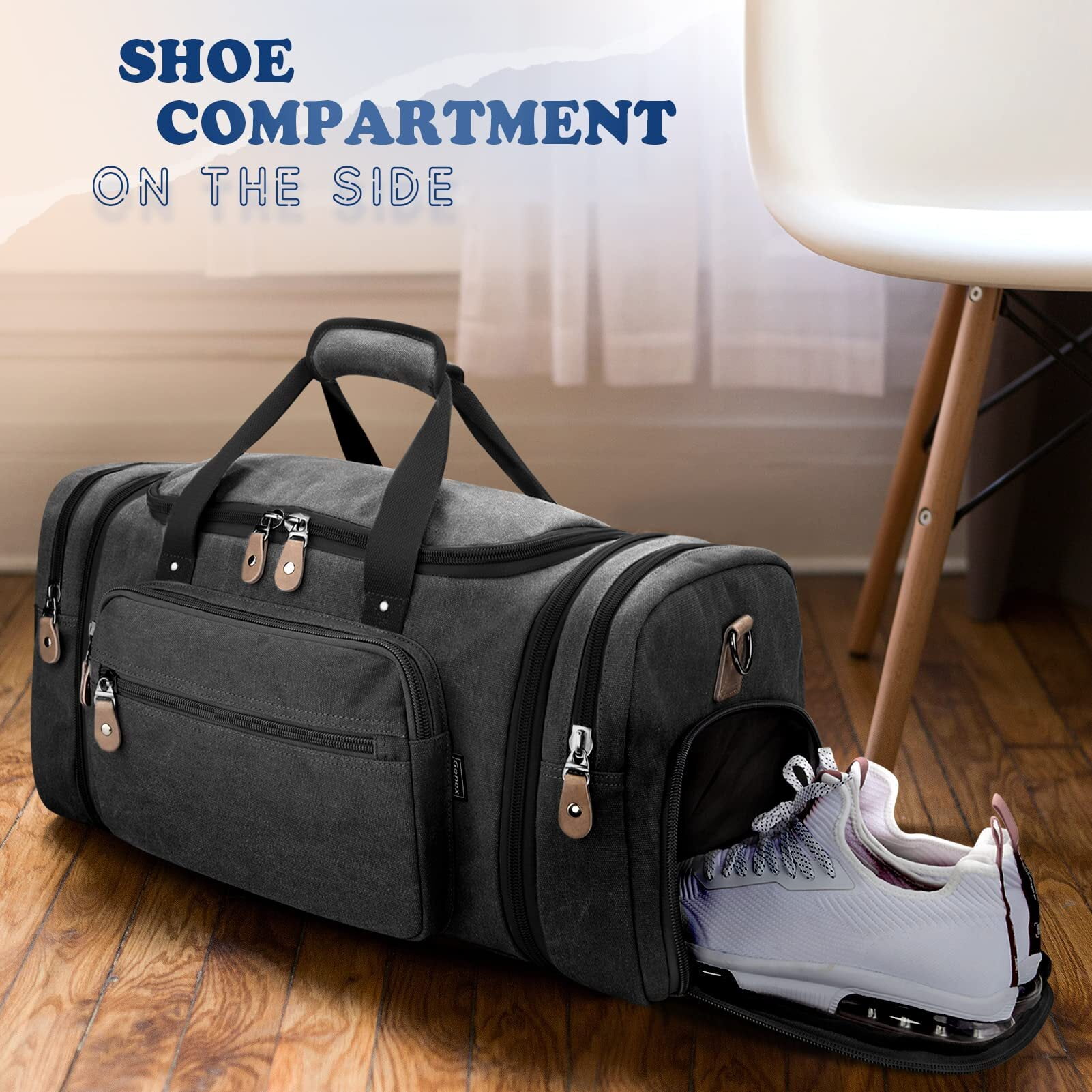 Gonex 60L Canvas Duffel Bags 27" Expandable Travel Duffle Overnight Weekender Bag with Shoe Compartment for Men Women