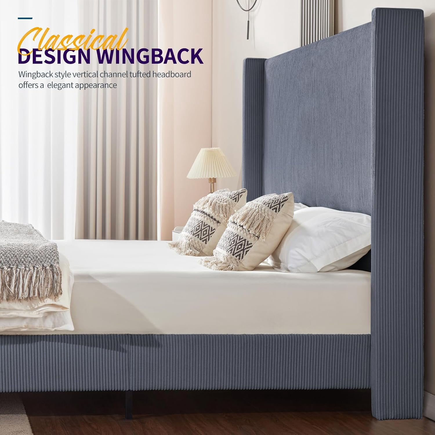 VanAcc Queen Size Platform Bed Frame with 62" Headboard Corduroy Upholstered Bed/Wingback/No Box Spring Needed/Noise Free/Grey