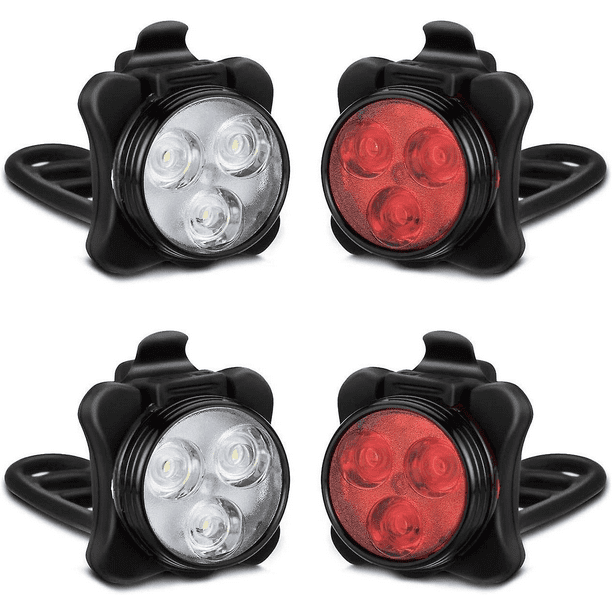 Juego de luces de bicicleta recargables de 4 piezas, luces LED delanteras y traseras, 4 modos de iluminación, batería de litio de 650 mAh, faro de bicicleta, resistente al agua IPX4