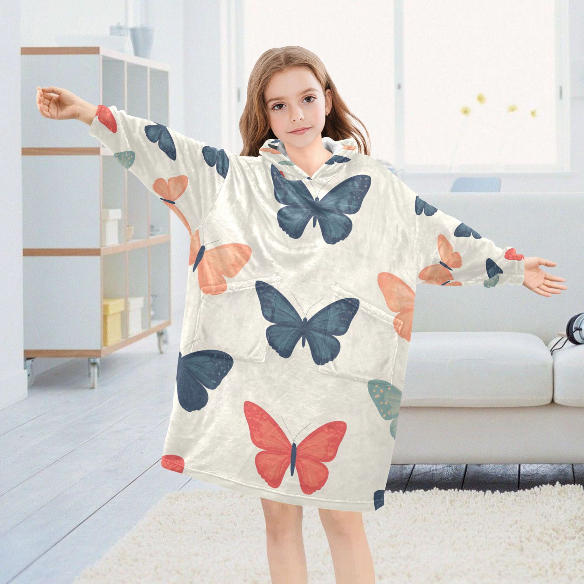 FORMRS Wearable Blanket Hoodie with Sleeves for Kids Cozy Flannel Sweatshirt, Orange Butterflies