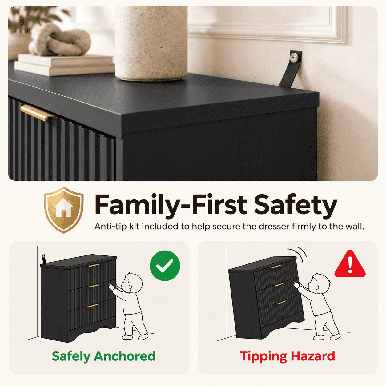 Lacoo 6 Drawer Dresser, 47'' Wide Fluted Dresser with Gold-Tone Handles, Wood Storage Chest with Smooth Glides, Modern Low Dresser for Bedroom, Living Room, Black