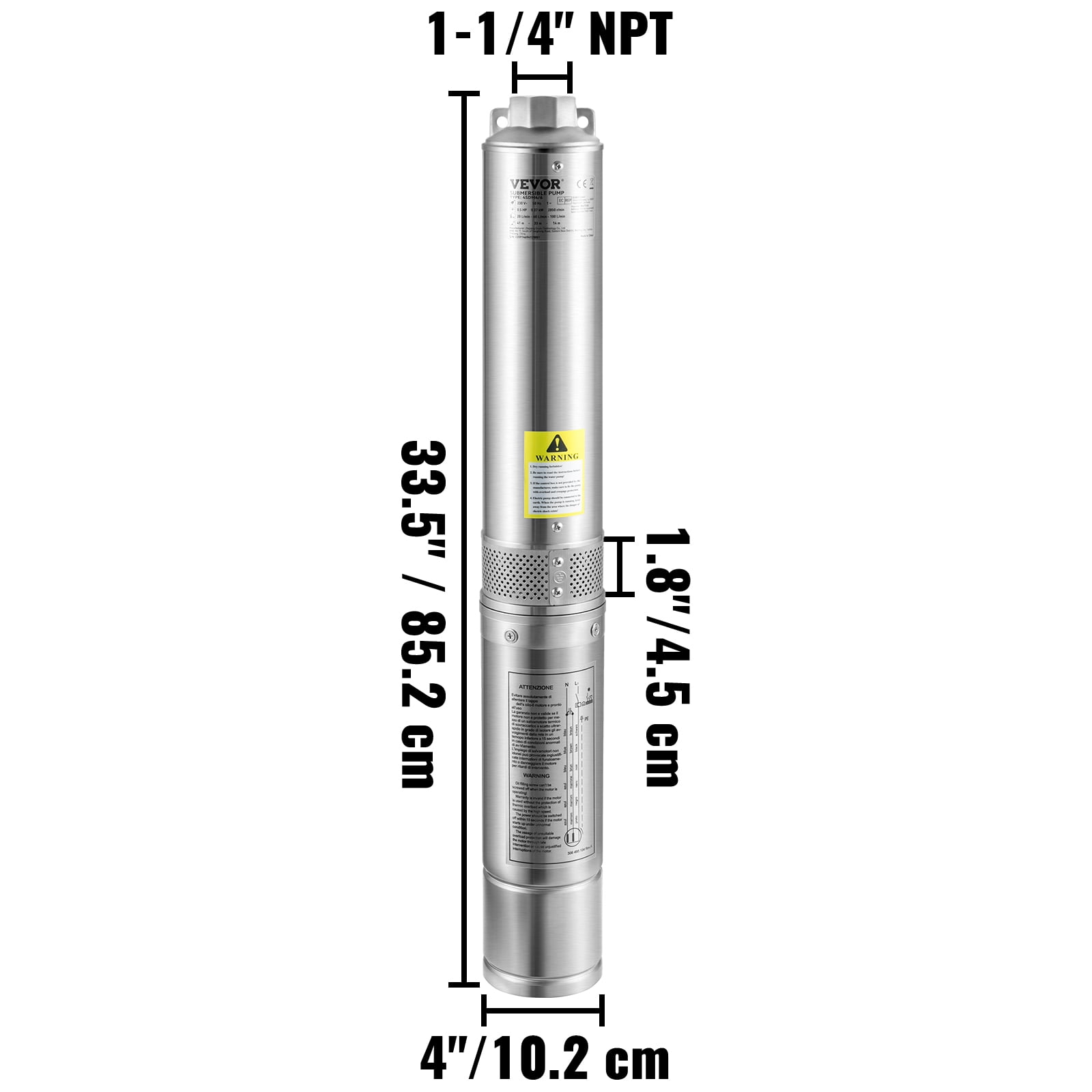 VEVOR 1.5HP 115V/60Hz Deep Well Submersible Pump,4-In Stainless Steel Water Pump,37GPM, 276ft Head, 8-Stage Impeller, 33ft Cord & External Control Box