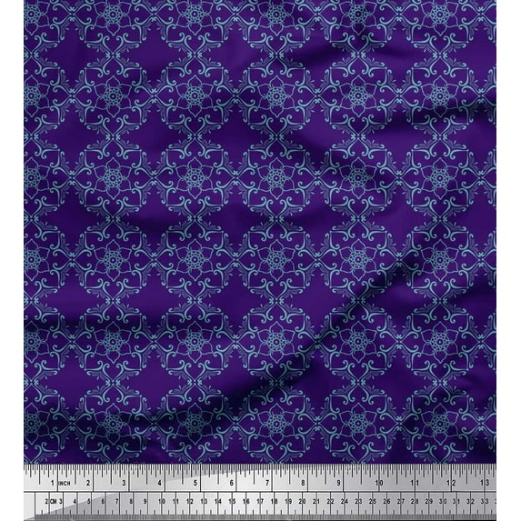 Soimoi Purple polyester Crepe Fabric Artistic Flower Damask Fabric Prints By Yard 52 Inch Wide