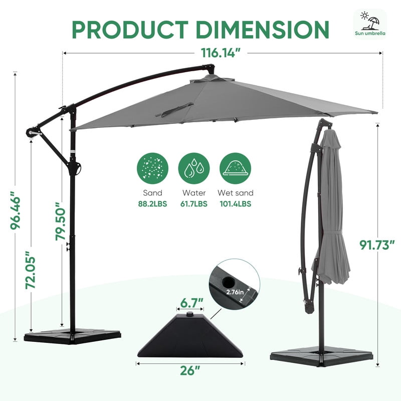 Gianna 10ft Offset Hanging Outdoor Patio Umbrella with Base Stand Rotate and Tilt, 8 Ribs, UV Protection for Pool Garden Backyard Market, Gray