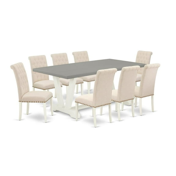 East West Furniture V097BR202-9 9-Piece Awesome Dinette Set a Superb Cement Color Kitchen Rectangular Table Top and 8 Attractive Linen Fabric Padded Parson Chairs with Nail Heads and Button Tufted...