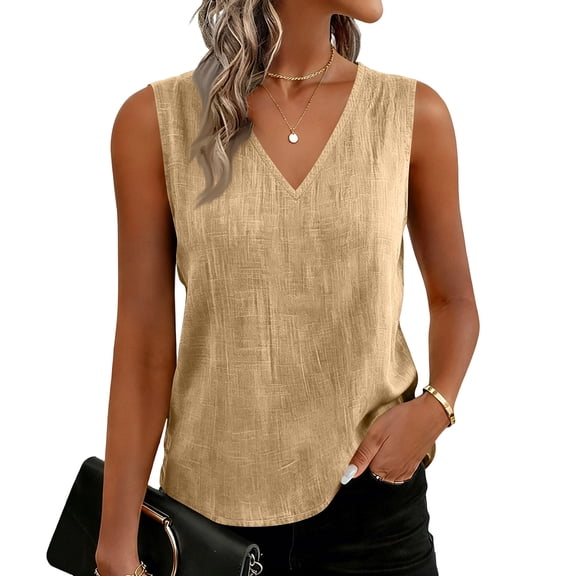 Women's V Neck Sleeveless Tank Top Cotton Linen Loose Fit Casual Summer Blouse Earthy Yellow S
