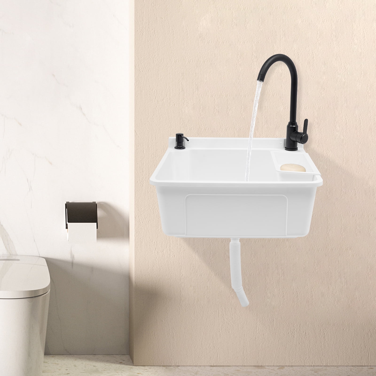 Plastic Wall-Mounted Utility Sink, Wall-Mounted Utility Tub with Hot&Cold Faucet