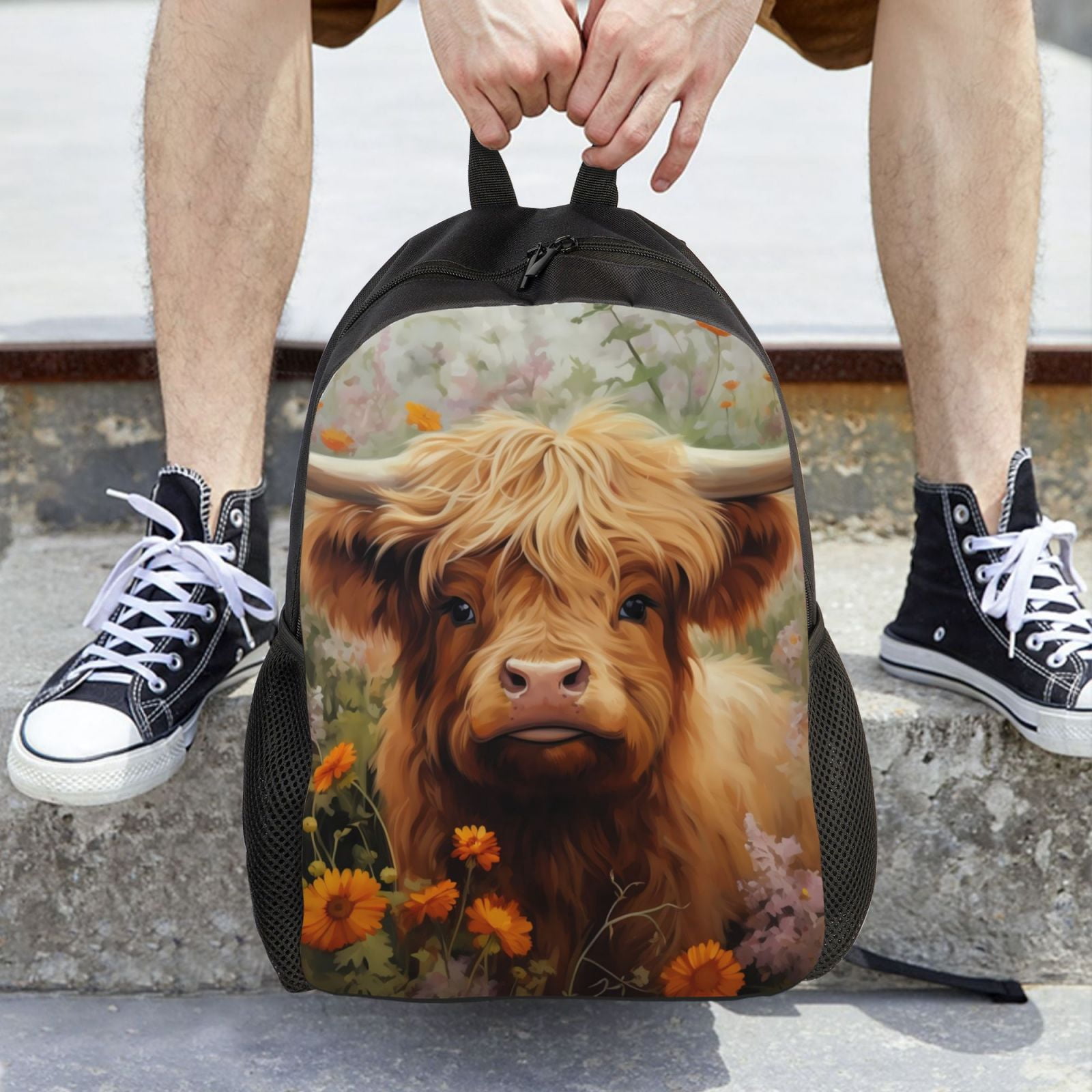 Horeoi Cute Floral Cow Print Waterproof 600D Oxford Laptop Backpack for School Travel Work - Lightweight Durable Bag with Adjustable Straps