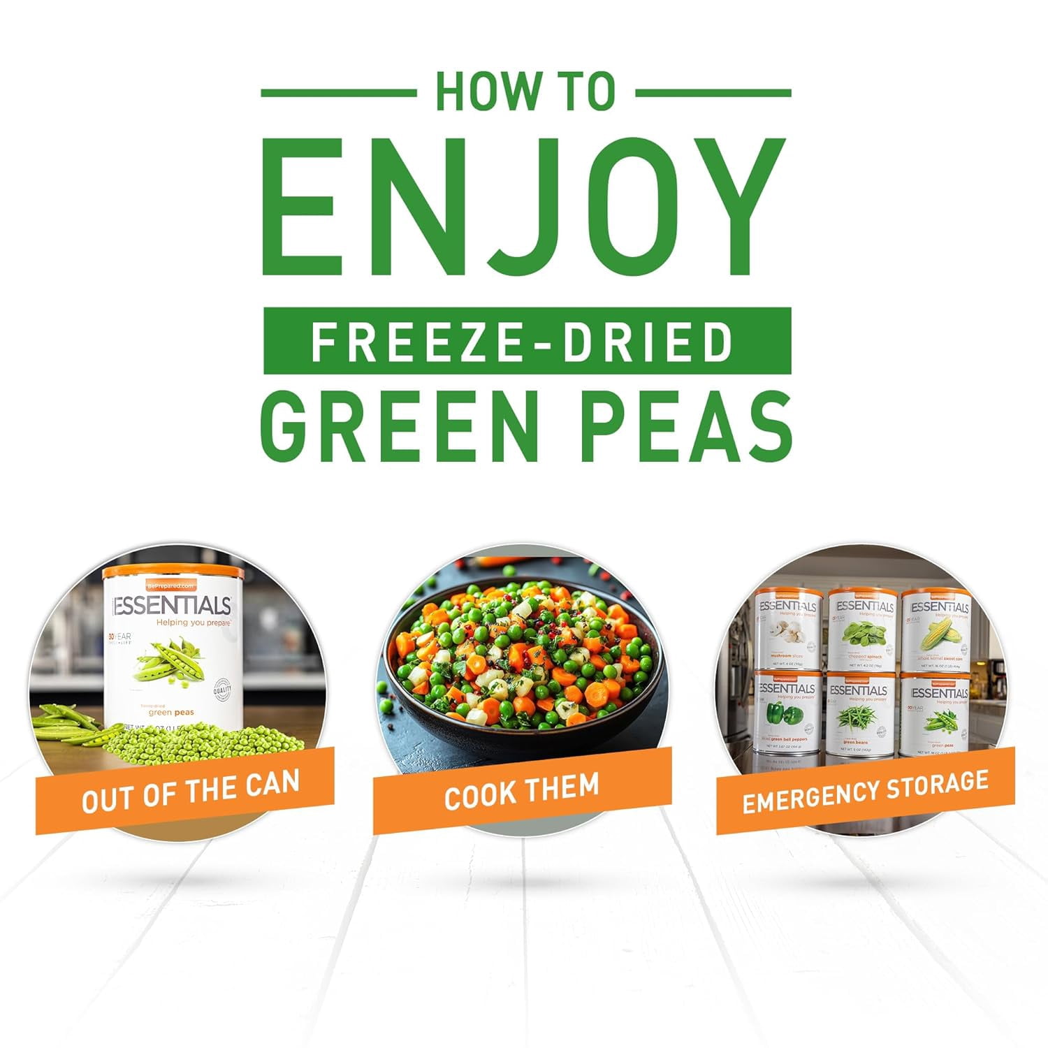 Emergency Essentials Freeze-Dried Green Peas #10 Can | Long-Term Emergency Food | High Protein | Shelf-Stable | 30-Year Shelf Life | Camping & Survival Veggie