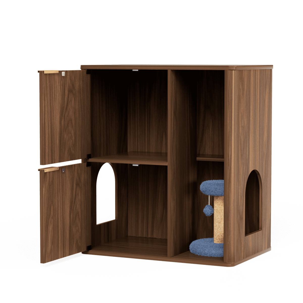 LuckyNote Cat Litter Cabinet with Cat Tree, 31.5" Walnut Hidden Litter Box Furniture with Dual Cat Doors & Storage Shelf, Mid-Century Modern Pet Cabinet