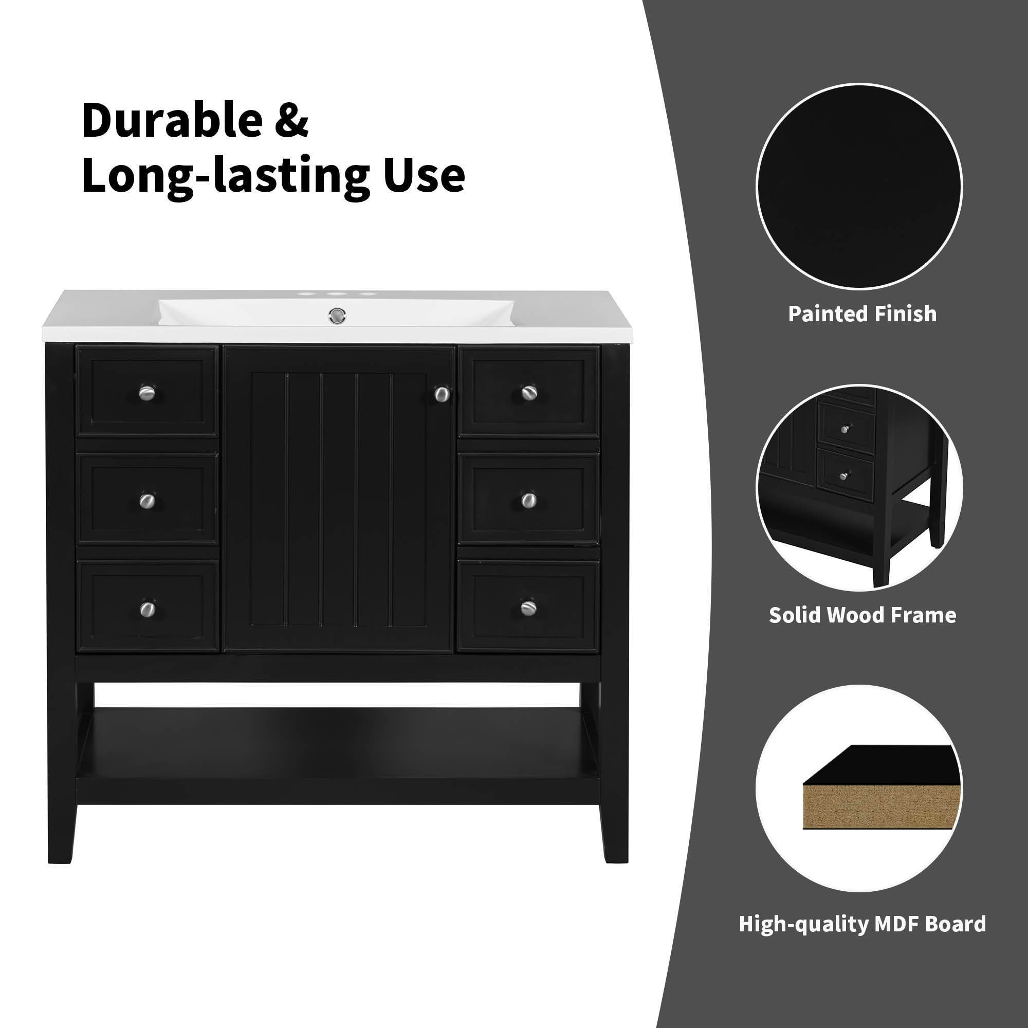 MAYEERTY 36" Bathroom Vanity without Sink Cabinet Base 1 Cabinet 3 Drawers Black