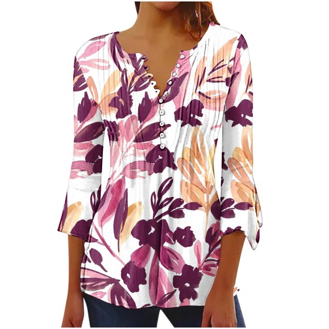 Pompotops Chemises Tuniques Imprimées Florales à Manches 3/4 Décontractées Col en V pour Femmes Chemises Basiques d'Été Blouse Plissée en Liquidation