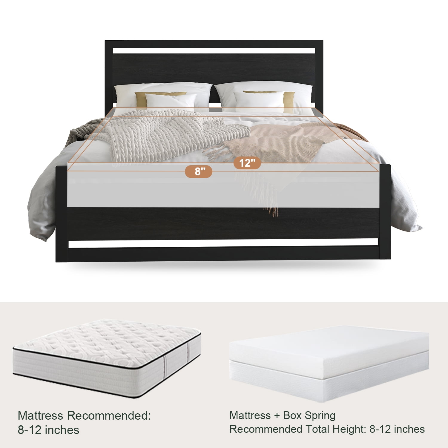 Amolife Queen Size Metal Platform Bed Frame with Wooden Headboard, 12.4" Under-Bed Storage, Black