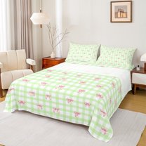 Homewish Kawaii Cartoon Bowknot Twin Sheet Sets for Girls, Dreamy Green Buffalo Plaid Twin Fitted Sheet, Cute Bow-tie Flat Sheet, Microfiber Bedroom Decor, 3pcs