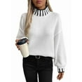 thumbnail image 2 of Women Mock Sweater Pullover Knitted Striped Cable Knit Fall Winter Long Sleeve Fashion Blouse Cream White XL, 2 of 9