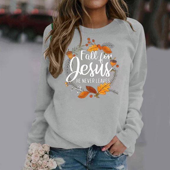 Fall New Trendy 2024!Brilliant Womens Tops Long Sleeve Plus Size Round Neck Long Sleeve T-Shirt Print Sweatshirt Blouse Tops Gray M