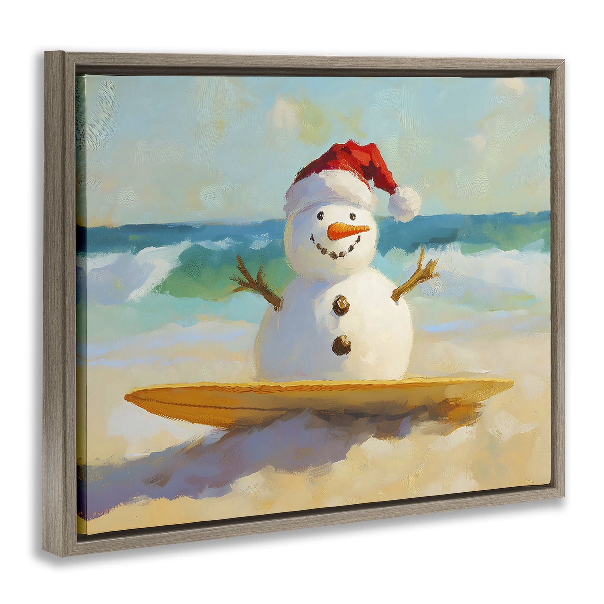 Stupell Industries Surfer Snowman on Beach Brown Framed Floater Canvas Wall Art, design by The Prints Vibe