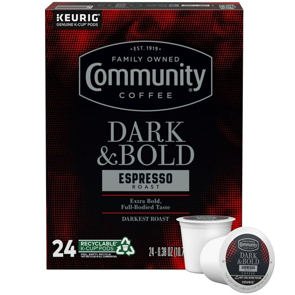 Community Coffee Dark & Bold Espresso Roast Extra Dark Roast Single Serve Keurig K-Cup Pods 24 ct Box