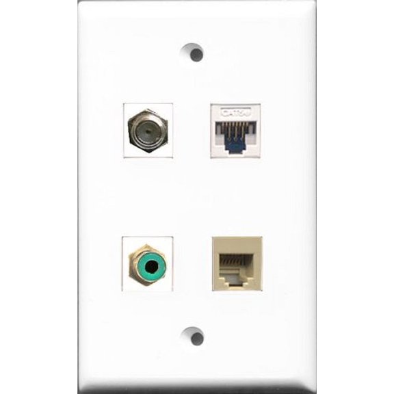 RiteAV 1 Port RCA Green and 1 Port Coax Cable TV- F-Type and 1 Port Phone RJ11 RJ12 Beige and 1 Port Cat5e Ethernet White Wall Plate