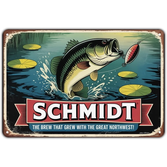Vintage Bass Fishing Metal Tin Sign, Fishing Lure Wall Decor, Garden Yard Bar Porch Home Kitchen Aesthetic, 8 x 12 in