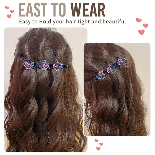 Braided Hair Clip with 3 Small Clips Multi Clip Hair Barrette Triple Hair Clips with Rhinestones for Sectioning Clover Plum 8 PCS