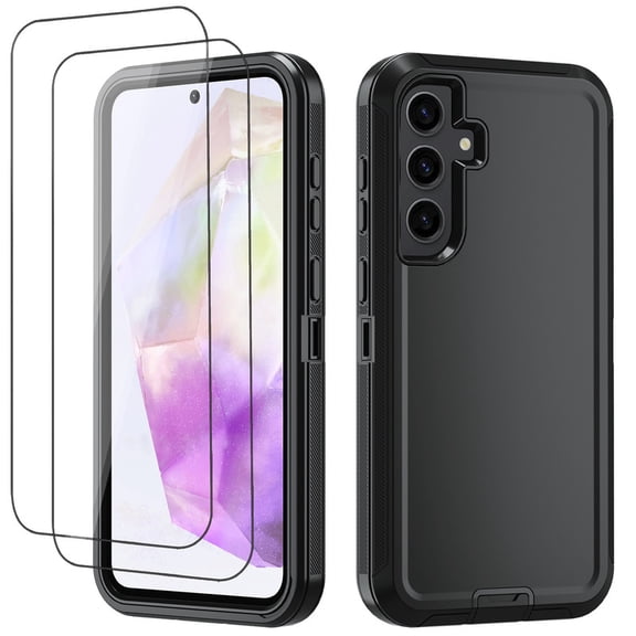 Hotpom Phone Case for Samsung Galaxy A36 & A37 5G, Comes with 2 Pack Screen Protector, Heavy Duty 3-Layer Hybrid Silicone Shockproof Protective Cover, Black