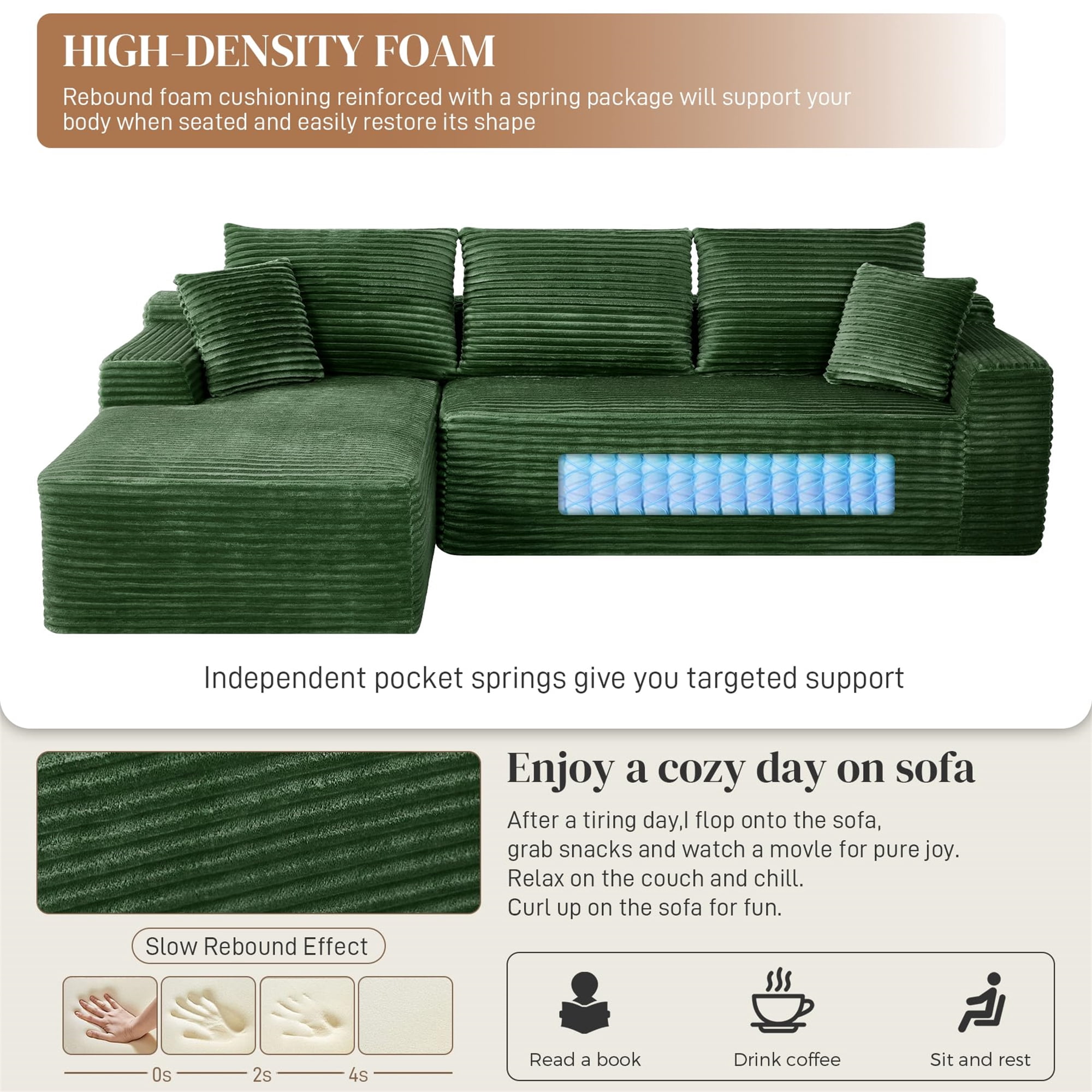 Aukfa 108" Cloud Sectional Sofa Deep Seat Boneless Couch Modular L-Shaped Couch, Left Chaise Corduroy Sofa for Living Room, Green
