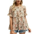 thumbnail image 4 of IROINNID Women Summer Printed Cinched Waist Casual Round Neck Pleated Short Sleeve Loose T-Shirt Blouse Tops, 4 of 8