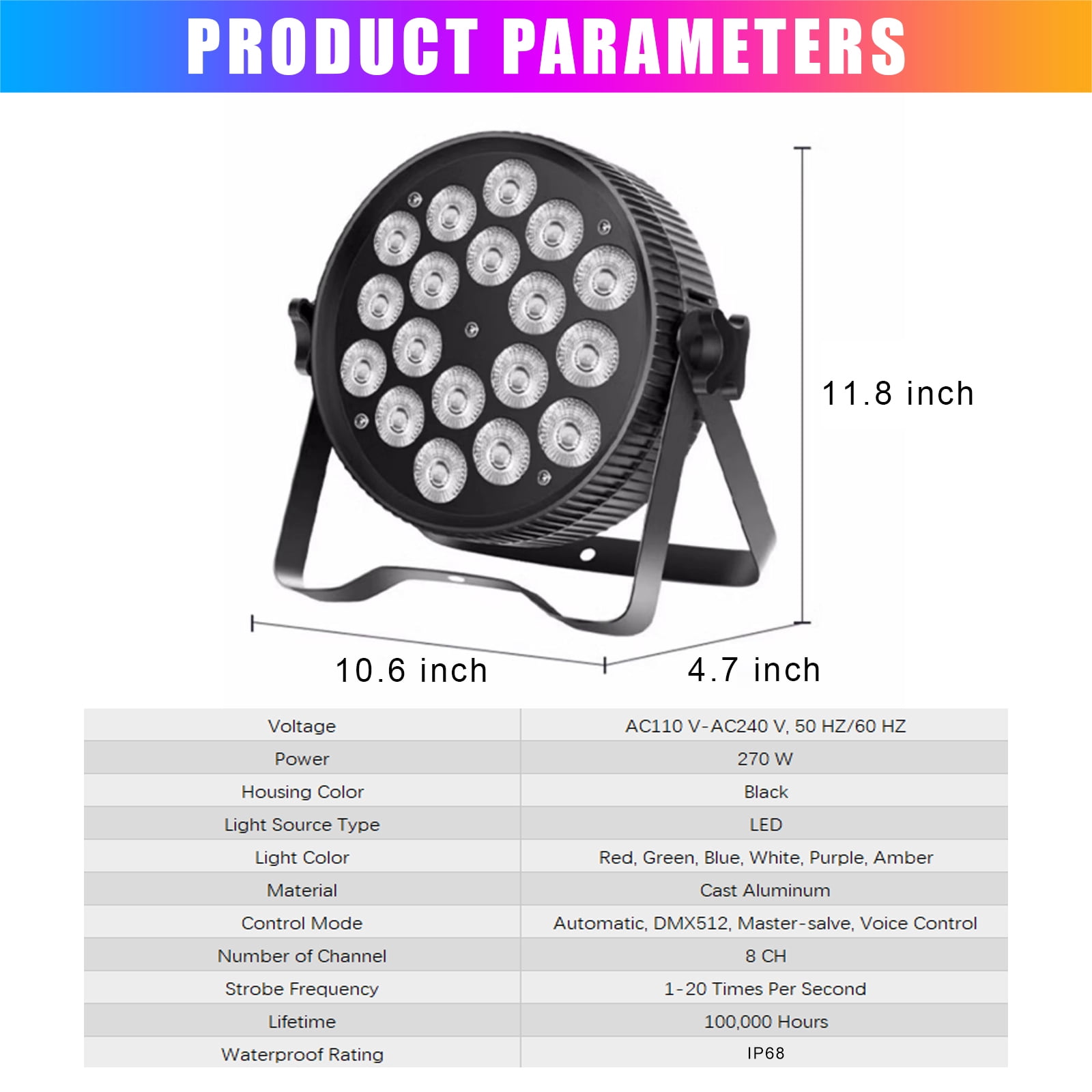 LED Stage Par Lights LED 18X18W water proof DJ Stage Lights RGBWA+UV 6in1 Wash/Strobe Effect DMX512 Control Sound Activated Aluminum Alloy Shell Uplighting Lights for Concerts