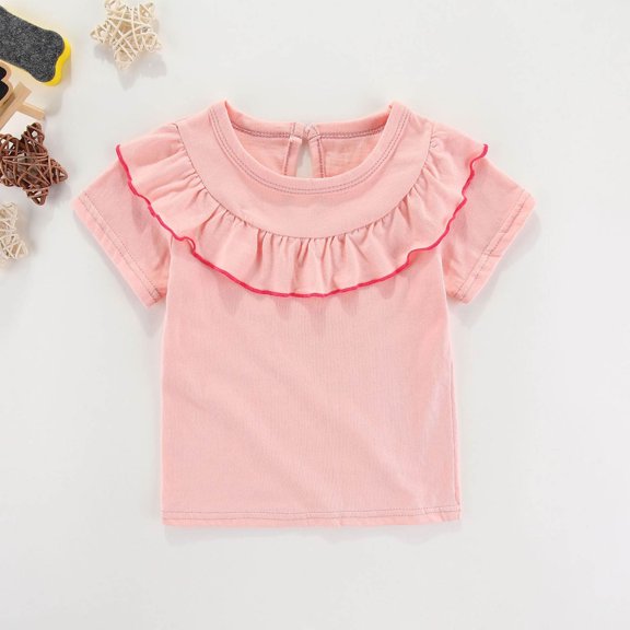 Amidoa Girls Short Sleeve Ruffle Sleeve Crewneck Solid Color T-shirt Summer Casual Cute Soft Tee Pink,2 Years