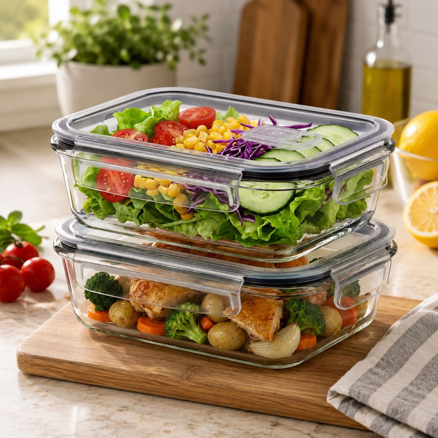 Sorbus 2-Pack 35 oz Glass Meal Prep Containers, Airtight Leakproof Lids, Steam Vent Design